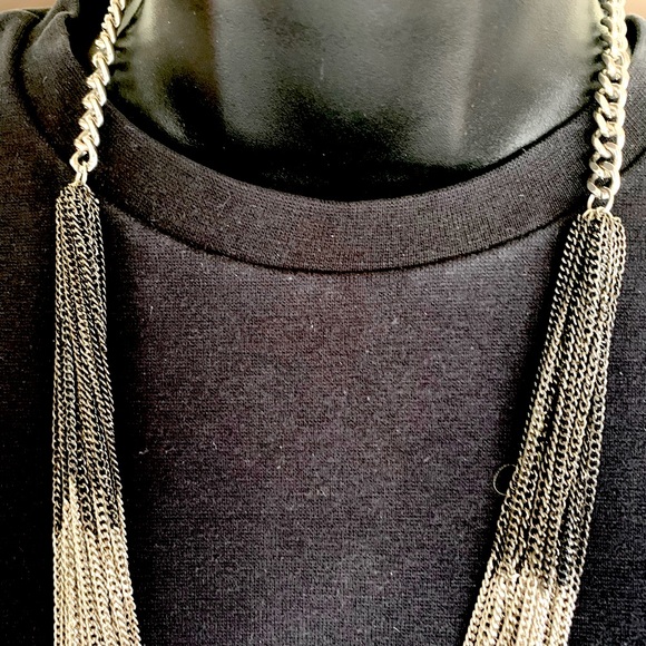 Chunky Dark & light silver tone metal chains necklace multiple fine chain string - Picture 4 of 5